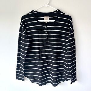 Chaser Black White Striped Long Sleeve Lightweight Waffle Knit Henley Top